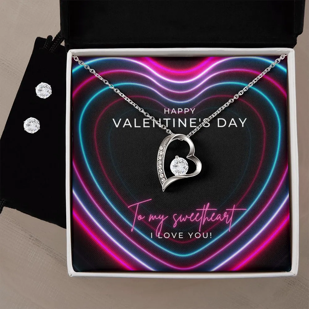 Neon Hearts Sweetheart Valentine's Forever Heart Necklace & Cubic Zirconia Earring Set