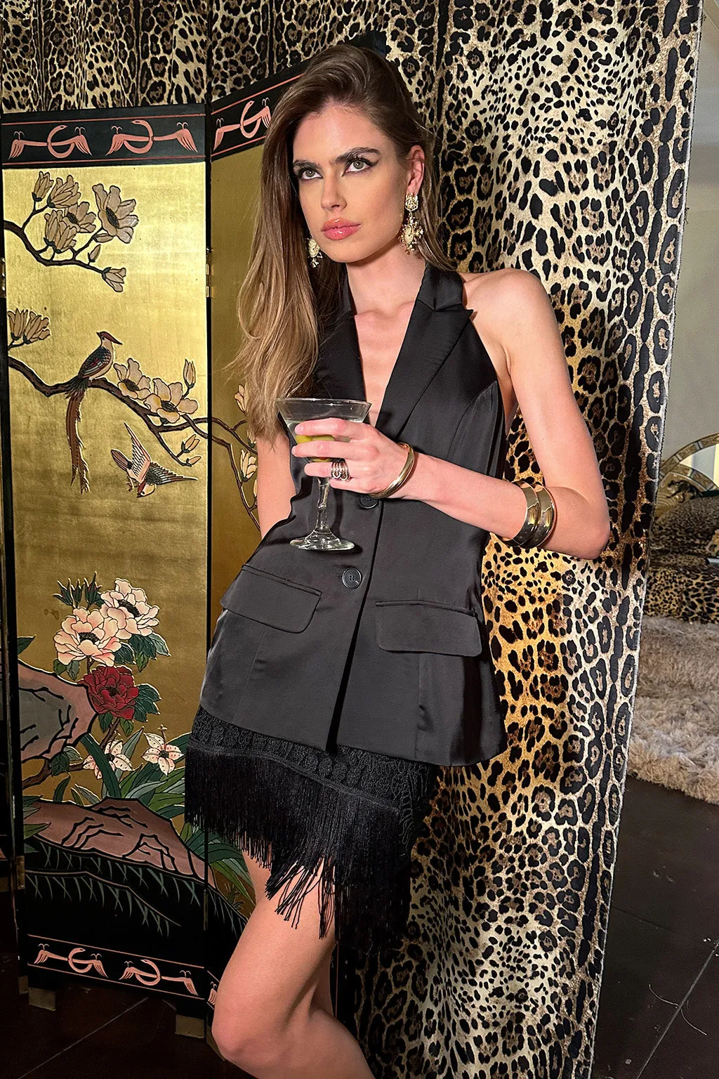 Noir Black Satin Longline Vest