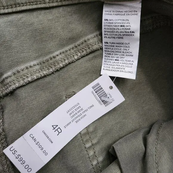 NWT Chico's High Rise Straight Leg Ankle Jean Sage Size Chico's 4 US Size 20