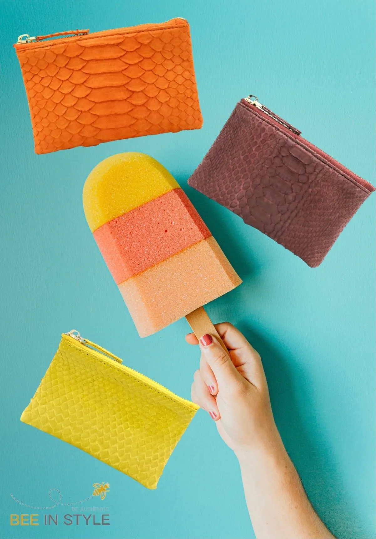 Orange Python Leather Zip Pouch