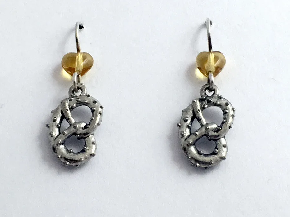 Pewter & Sterling silver soft pretzel dangle Earrings- Philly, pretzels, hearts