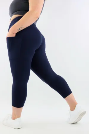 Plain Navy - Casual - Capri Leggings - Pockets