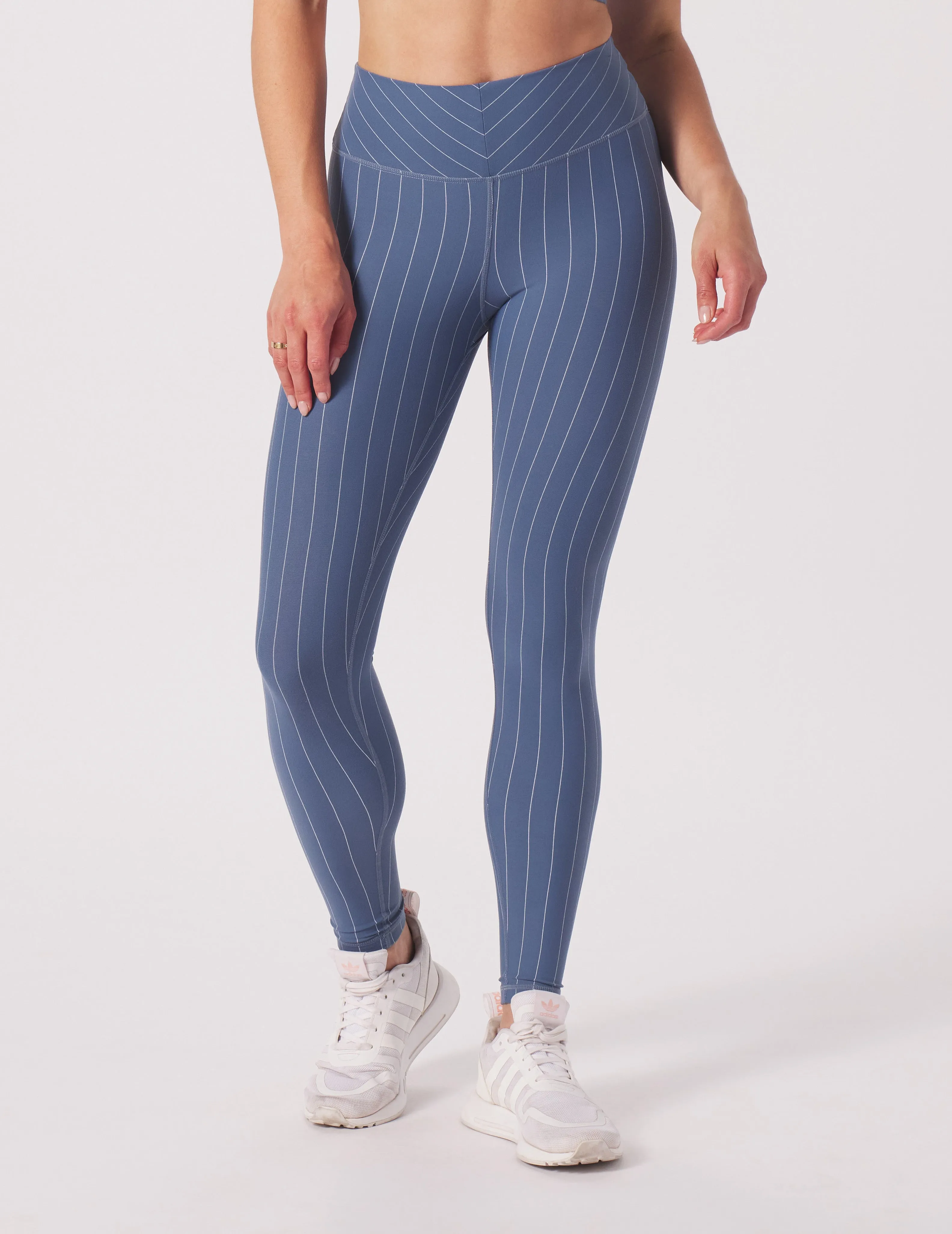 Pursuit Legging: Washed Blue/White Pinstripe