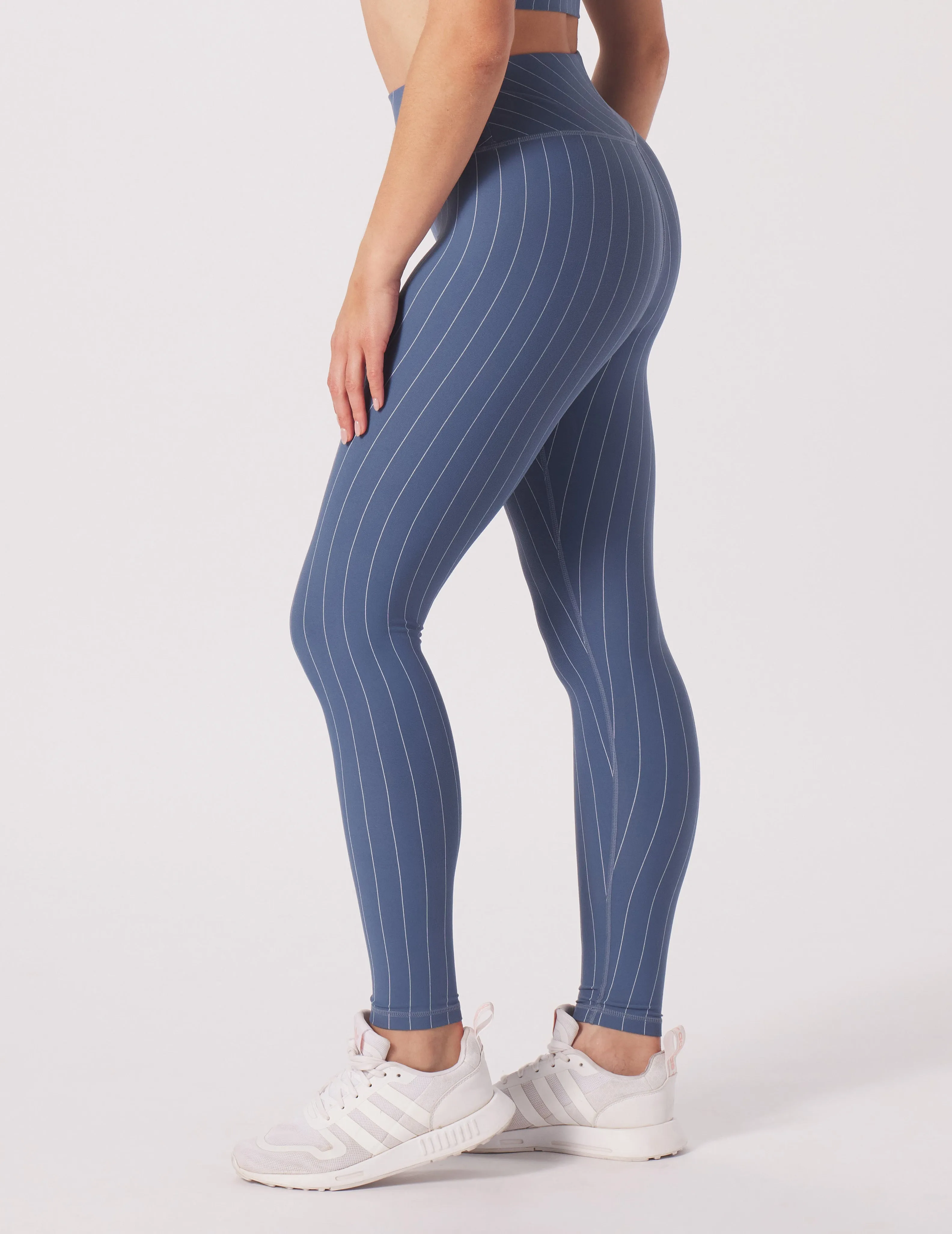 Pursuit Legging: Washed Blue/White Pinstripe