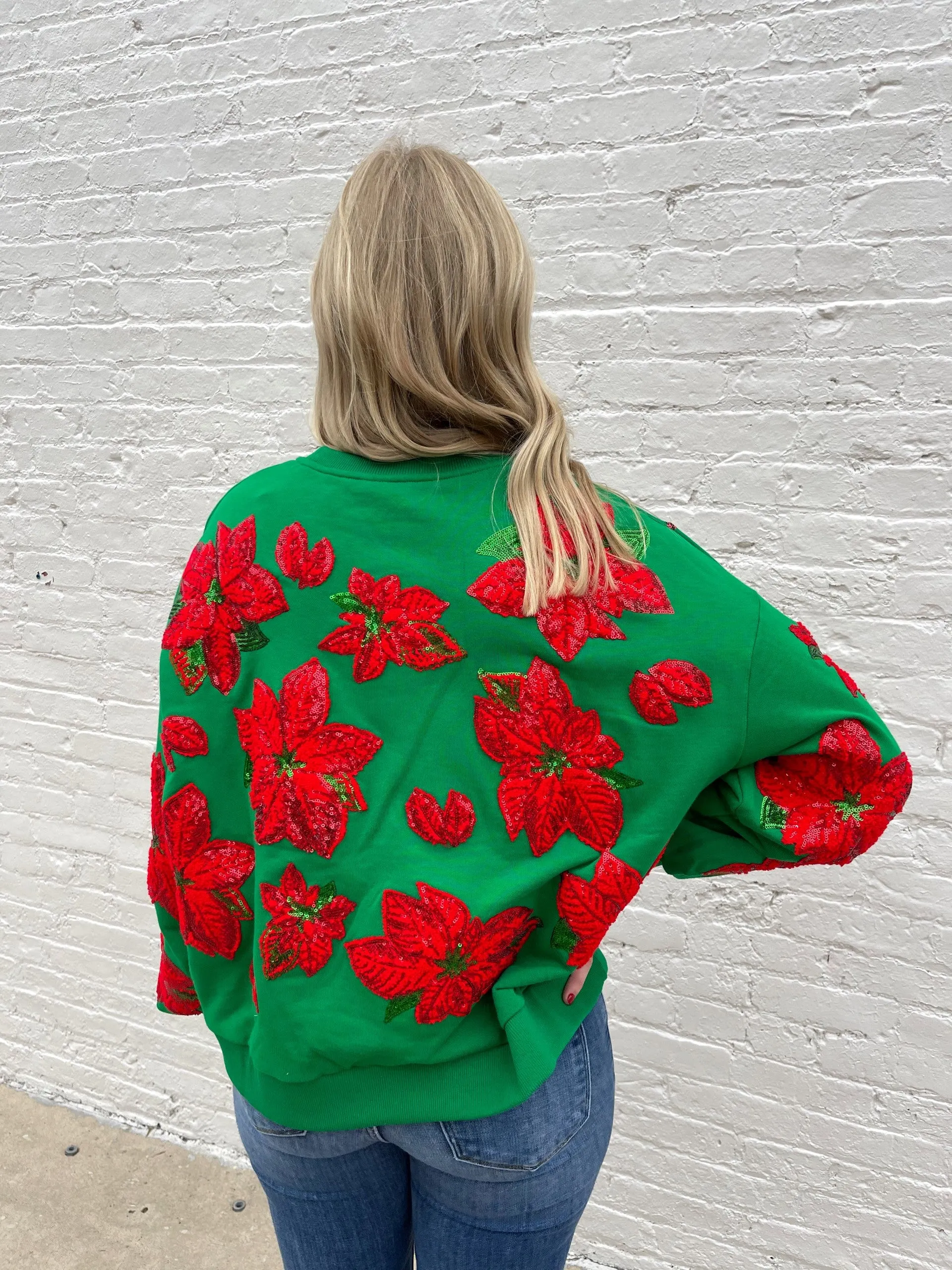 QUEEN OF SPARKLES POINSETTIA SWEATSHIRT - GREEN