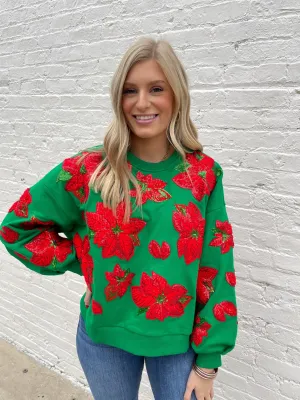 QUEEN OF SPARKLES POINSETTIA SWEATSHIRT - GREEN