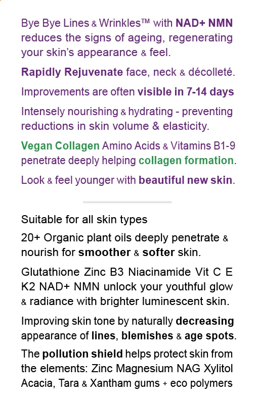 "Bye Bye Lines & Wrinkles" DAY - Face & Skin Rejuvenation - Increase Collagen, Minimise Pores, NAD  NMN Vitamin C   Niacinamide