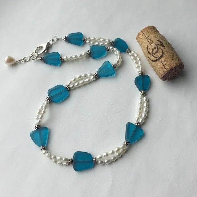 Recycled sea glass necklace with two strands of freshwater pearls