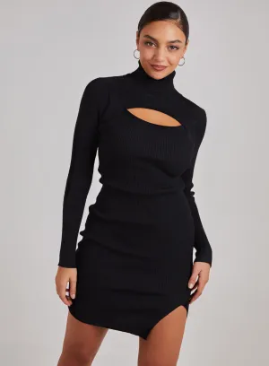 Ribbed Roll Neck Front Split Midi Dress