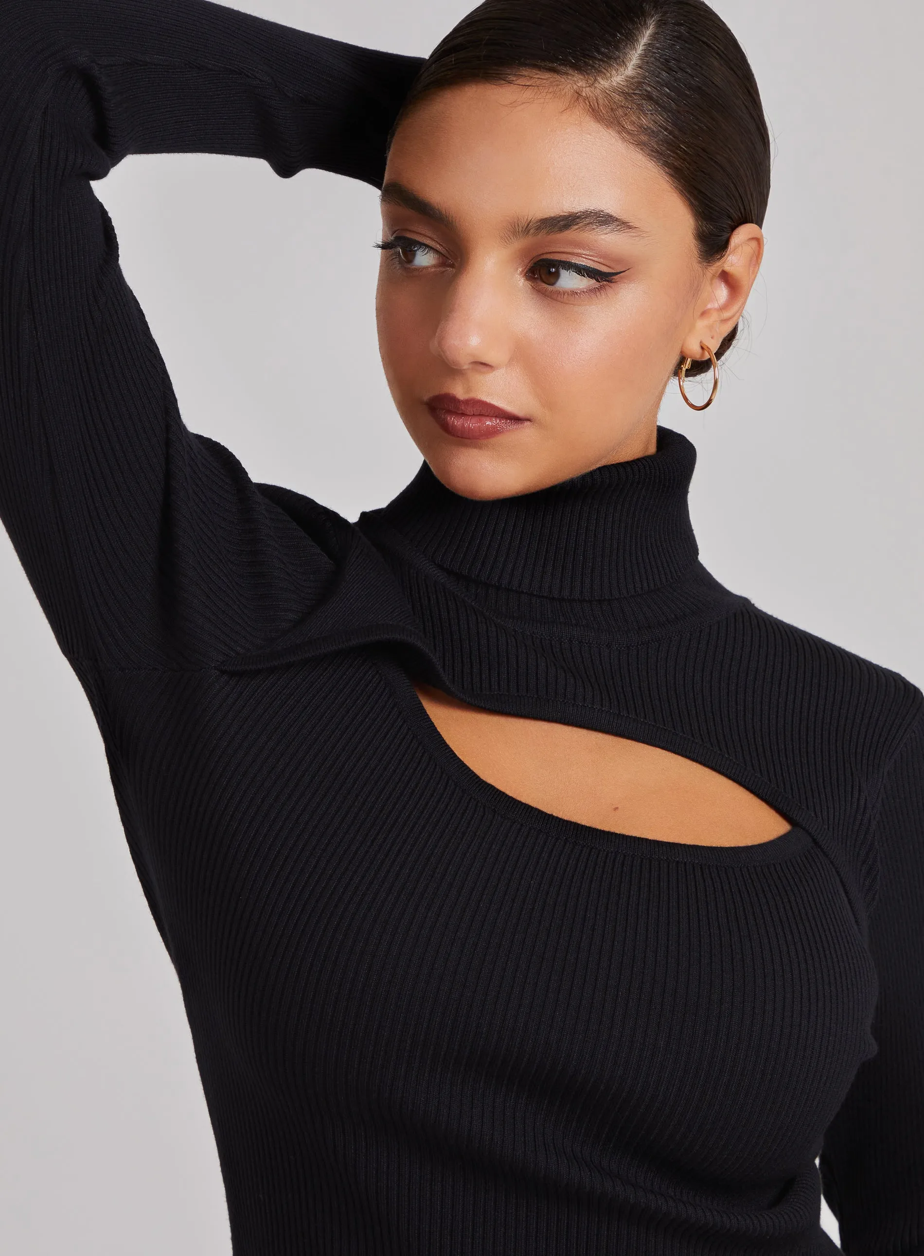 Ribbed Roll Neck Front Split Midi Dress
