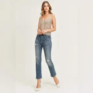 RISEN Jeans Women 25 size 1 Straight High Waisted Distressed Denim Ankle Cropped