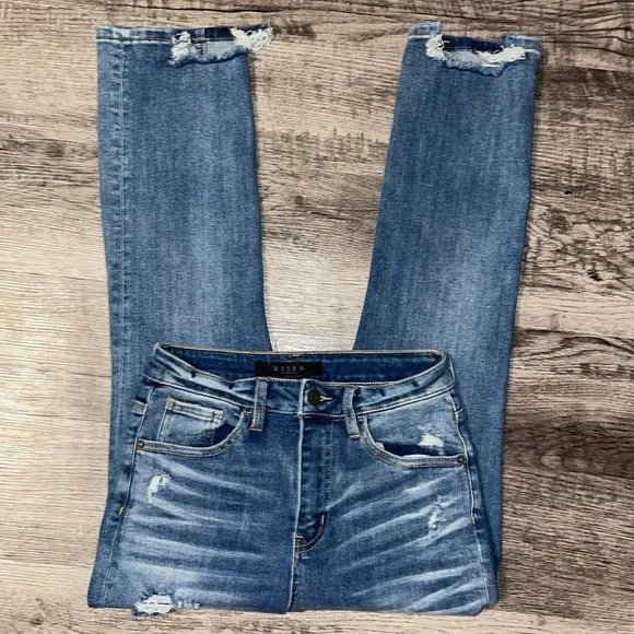 RISEN Jeans Women 25 size 1 Straight High Waisted Distressed Denim Ankle Cropped