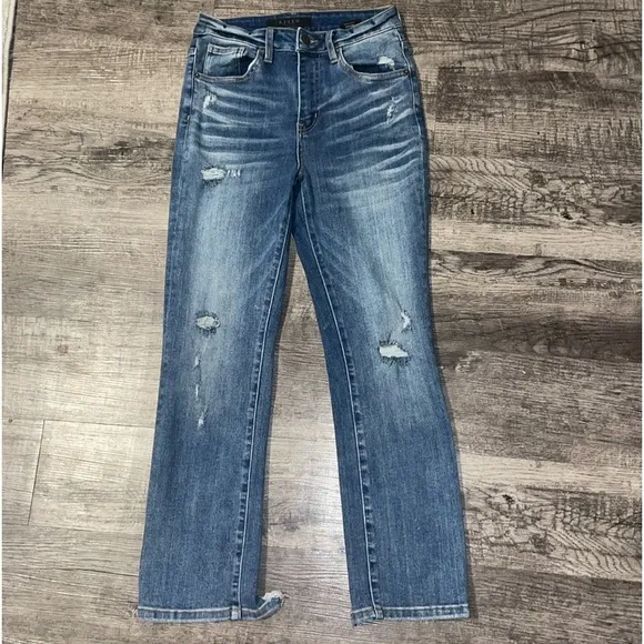 RISEN Jeans Women 25 size 1 Straight High Waisted Distressed Denim Ankle Cropped
