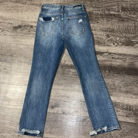 RISEN Jeans Women 25 size 1 Straight High Waisted Distressed Denim Ankle Cropped