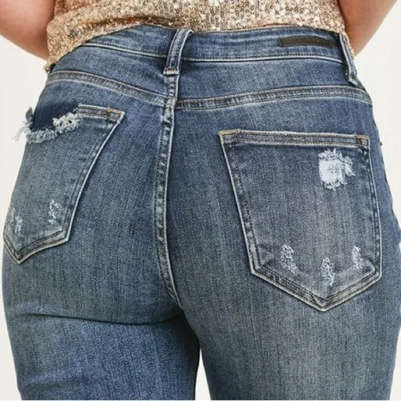 RISEN Jeans Women 25 size 1 Straight High Waisted Distressed Denim Ankle Cropped