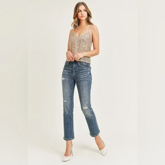RISEN Jeans Women 25 size 1 Straight High Waisted Distressed Denim Ankle Cropped