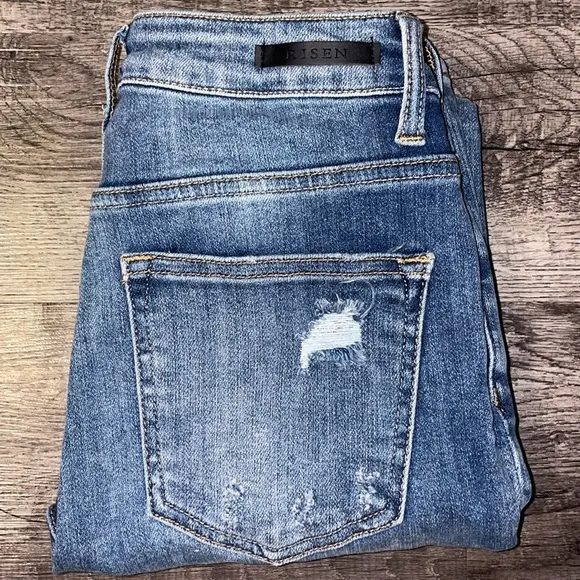 RISEN Jeans Women 25 size 1 Straight High Waisted Distressed Denim Ankle Cropped