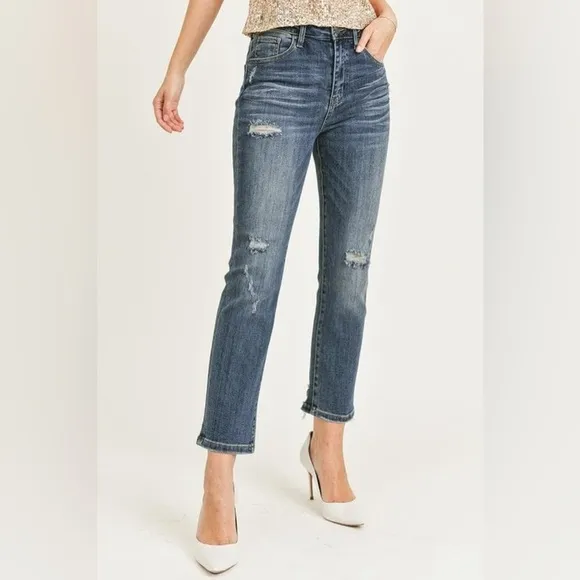 RISEN Jeans Women 25 size 1 Straight High Waisted Distressed Denim Ankle Cropped