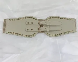 Rivet cinch belt with double buckle cream