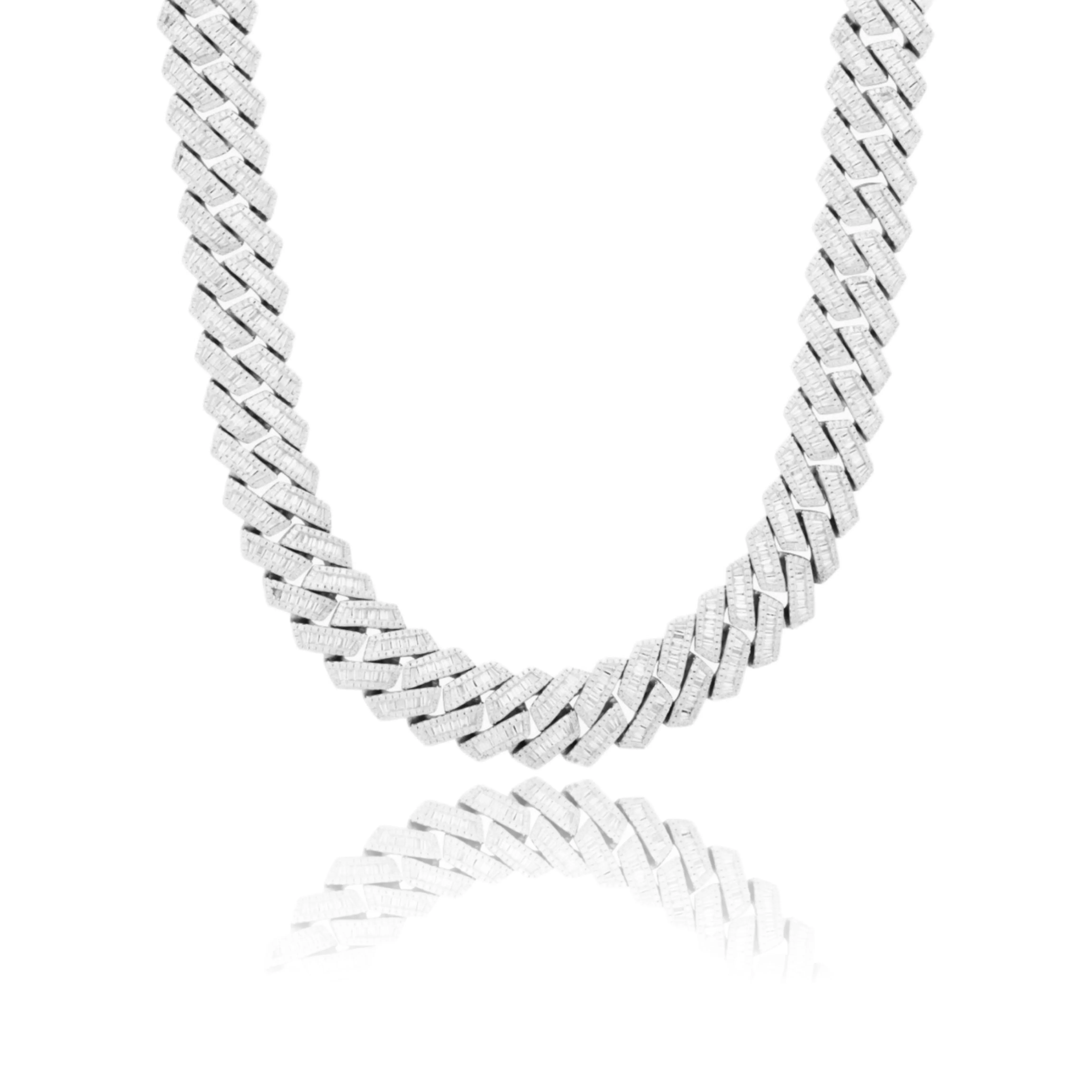 S925 Baguette Moissanite Diamond Cuban Link Chain in White Gold - 16mm