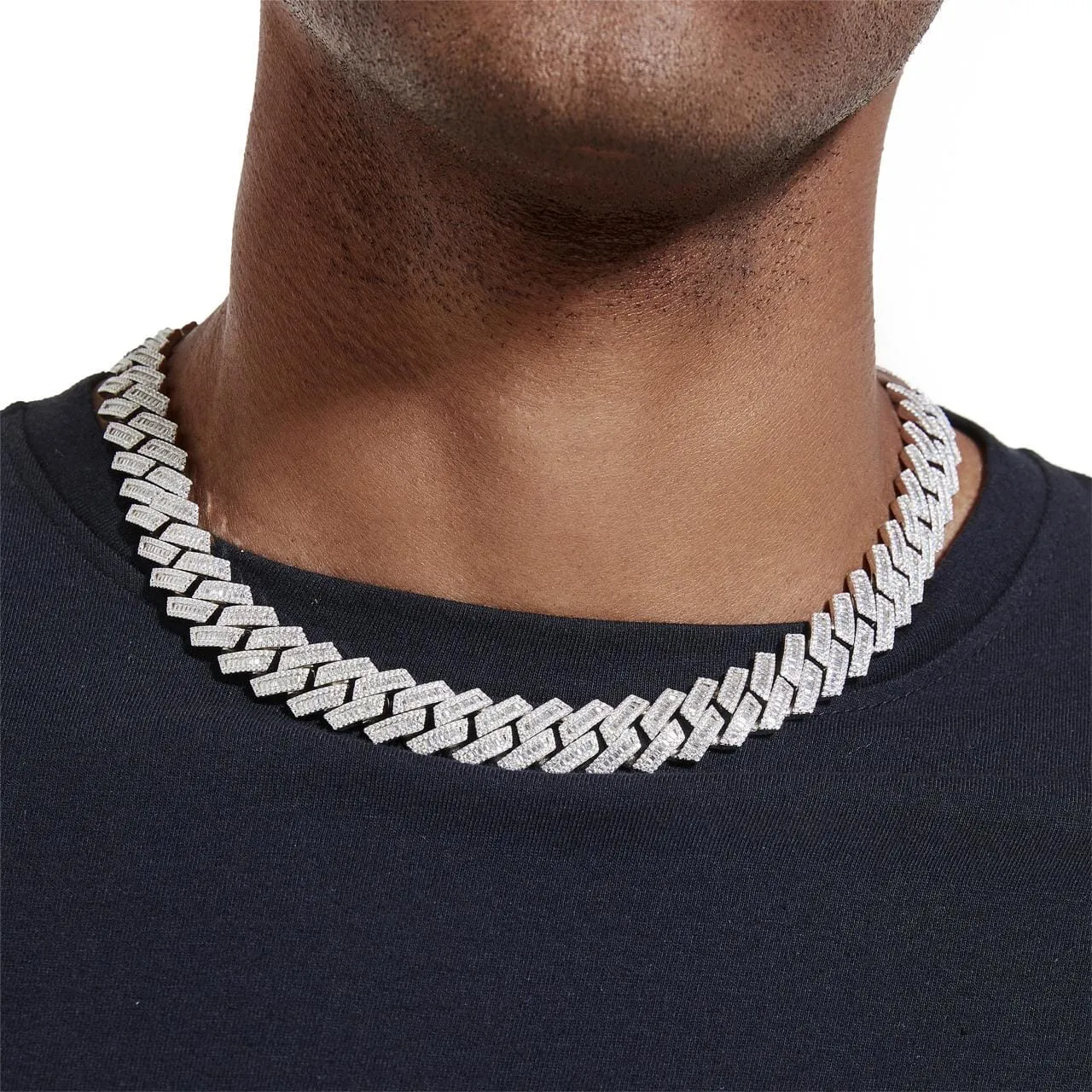 S925 Baguette Moissanite Diamond Cuban Link Chain in White Gold - 16mm