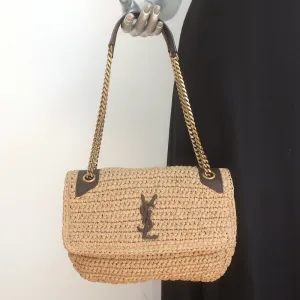 Saint Laurent Niki Medium Raffia Shoulder Bag Natural Chain Strap Crossbody NEW