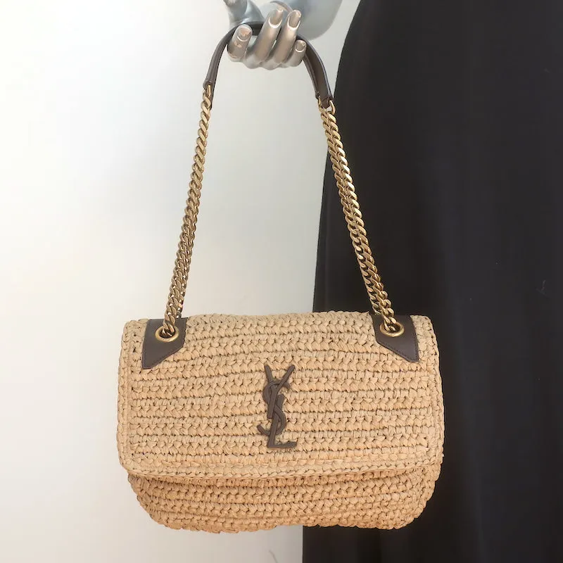 Saint Laurent Niki Medium Raffia Shoulder Bag Natural Chain Strap Crossbody NEW