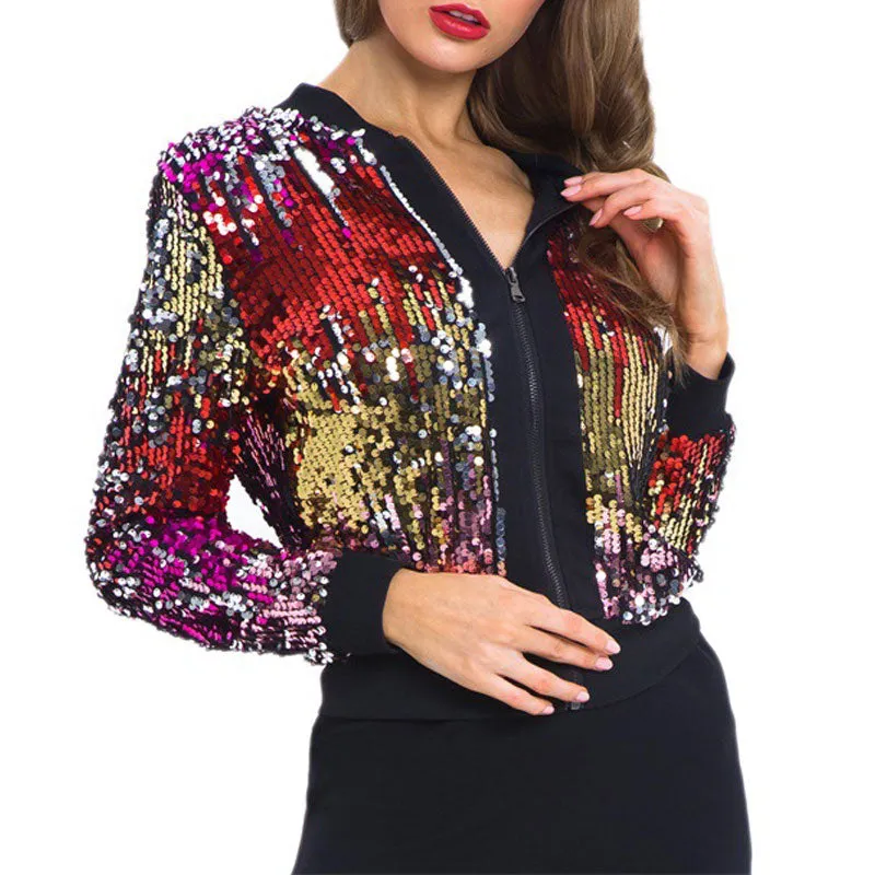 Sequins Long Sleeve Zipper Design Coat