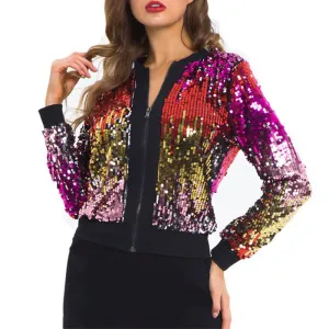 Sequins Long Sleeve Zipper Design Coat