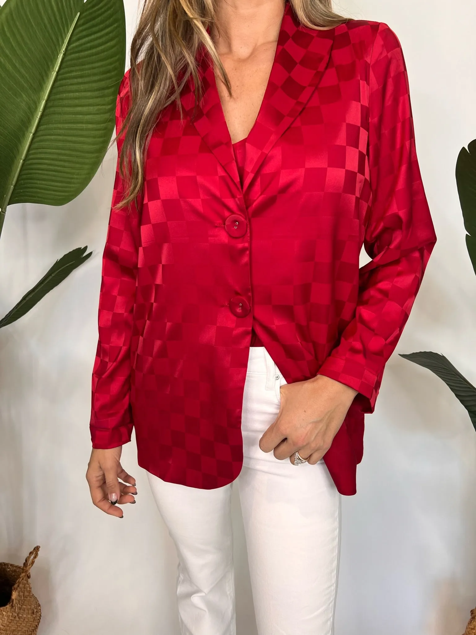 Show Me Your Mumu Felix Blazer Red Checkerboard Satin