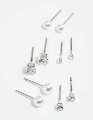 Silver Diamante Stud Earring 5-Pack