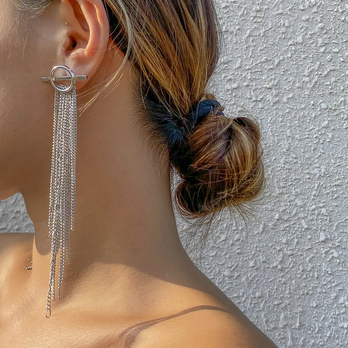 Silver-Plated Chain Tassel Drop Earrings
