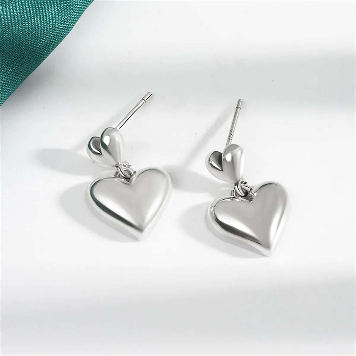 Silver-Plated Double Heart Drop Earrings