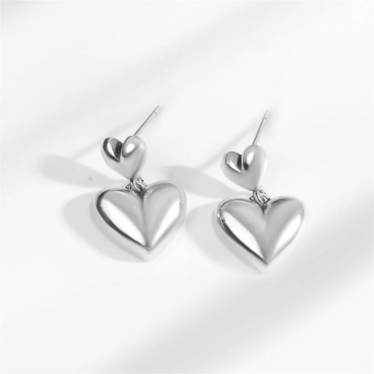 Silver-Plated Double Heart Drop Earrings