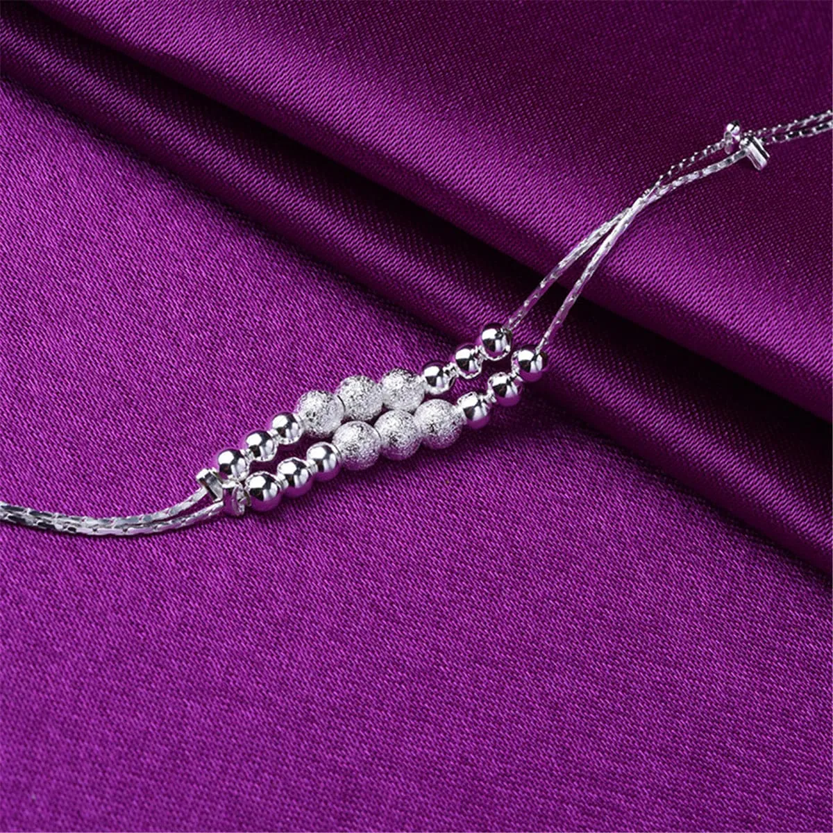 Silver-Plated Graduated Bead Double-Strand Anklet