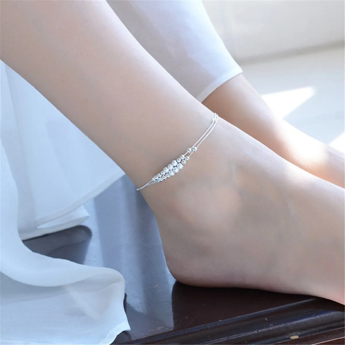 Silver-Plated Graduated Bead Double-Strand Anklet
