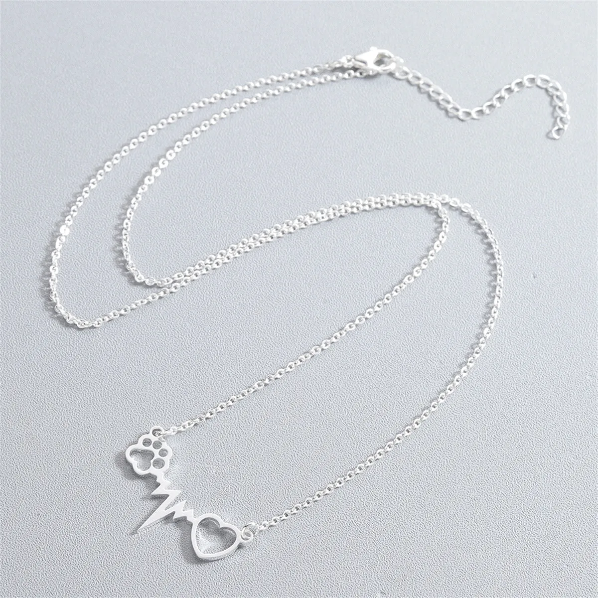 Silver-Plated Heartbeat Paw Pendant Necklace