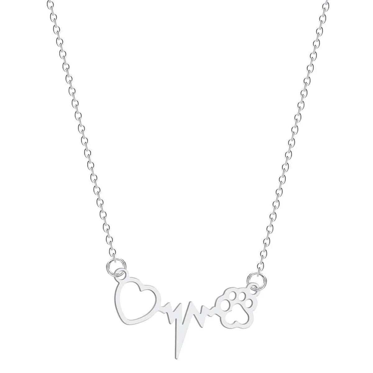 Silver-Plated Heartbeat Paw Pendant Necklace