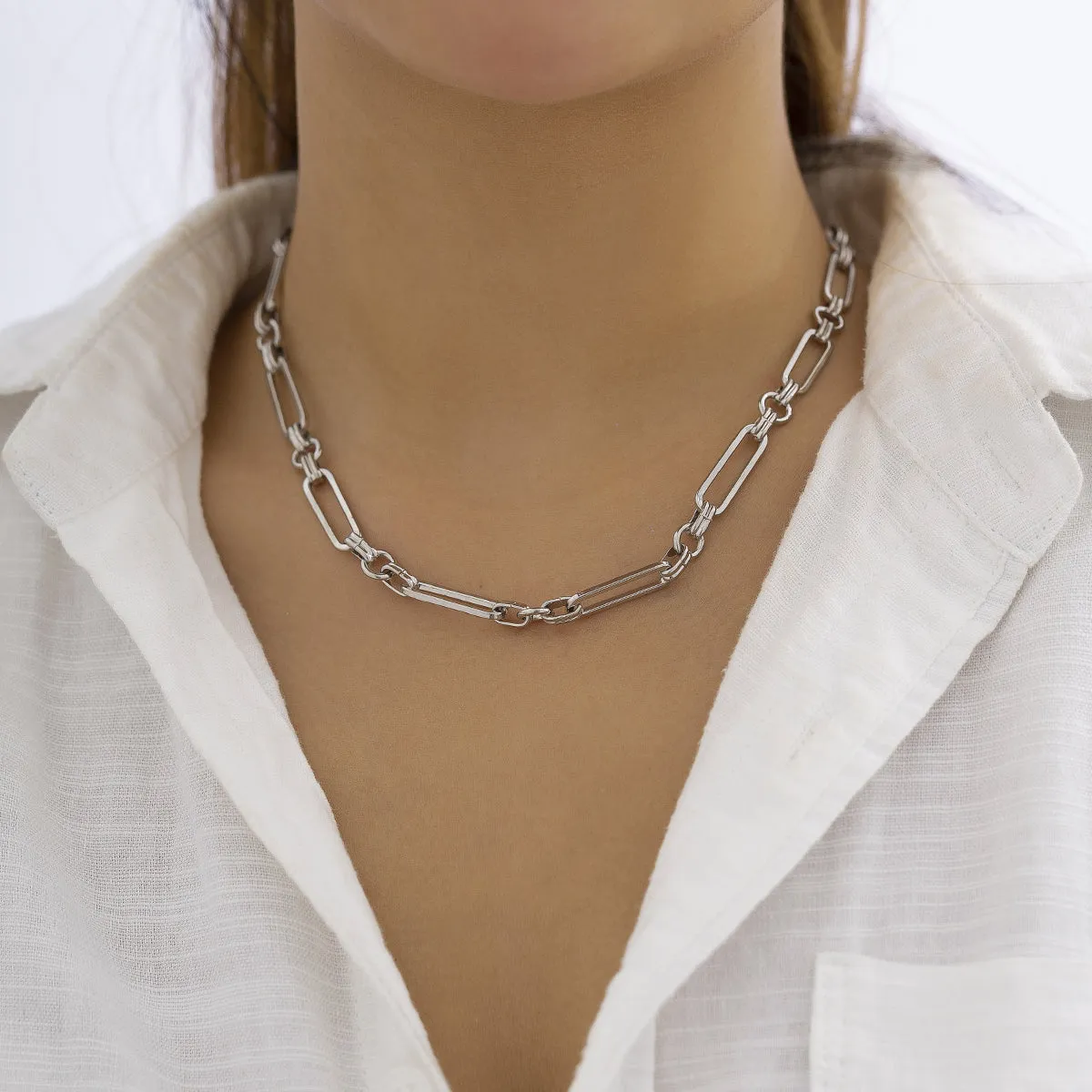 Silver-Plated Open Oval Station Necklace