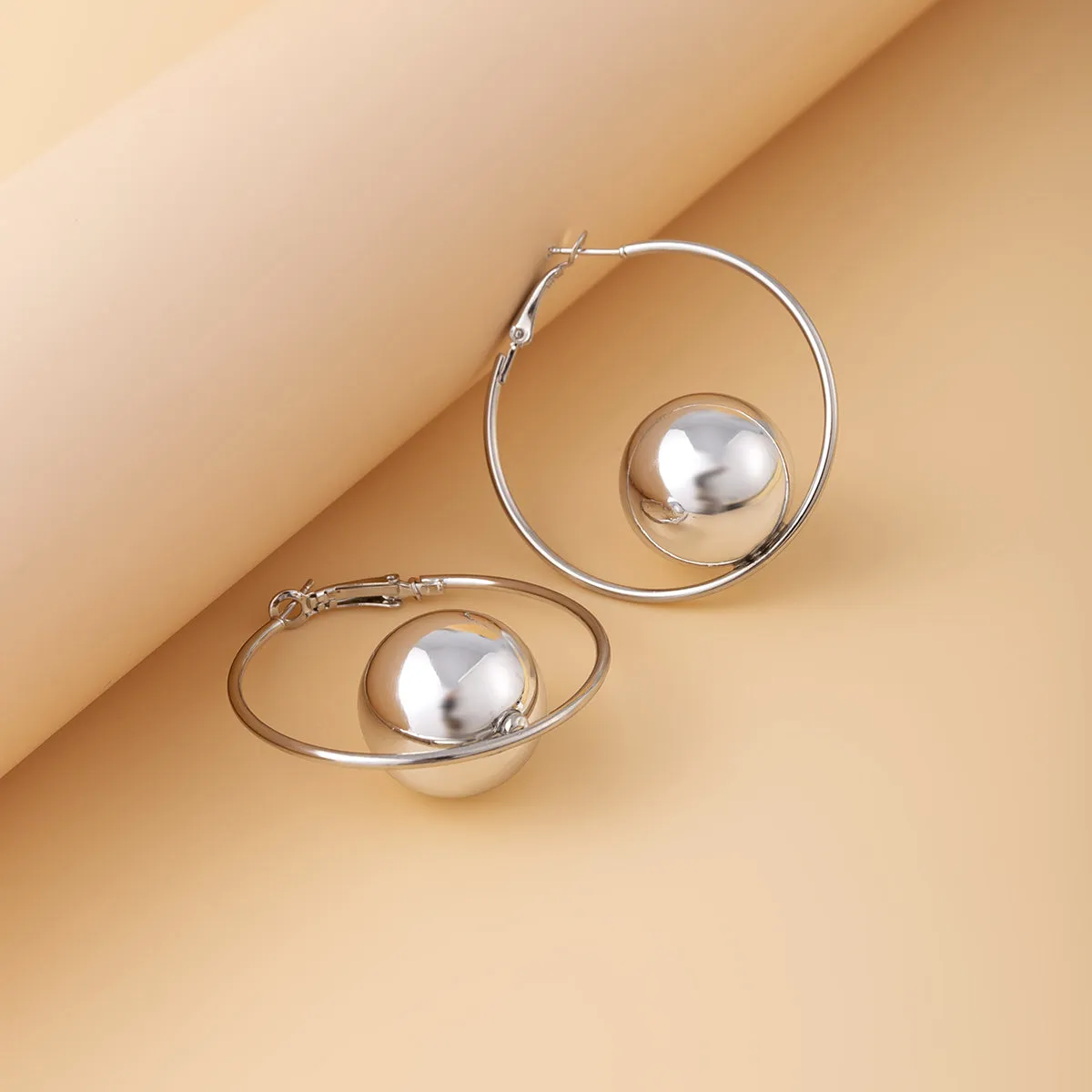 Silver-Plated Openwork Circle Ball Hoop Earrings
