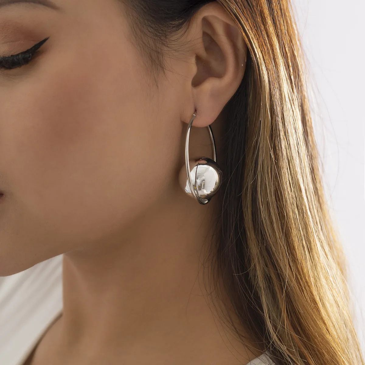 Silver-Plated Openwork Circle Ball Hoop Earrings