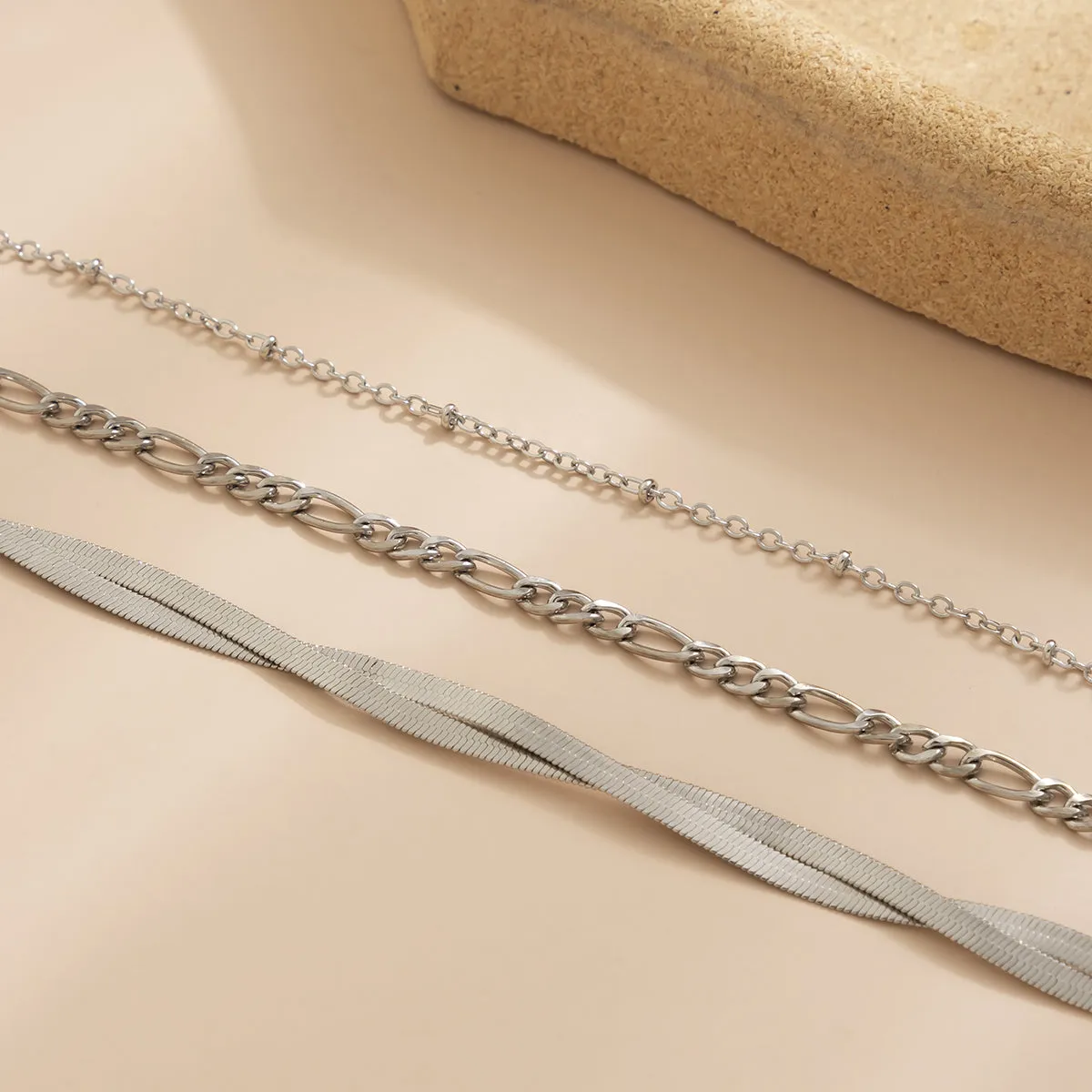 Silver-Plated Snake Chain Twist Anklet Set