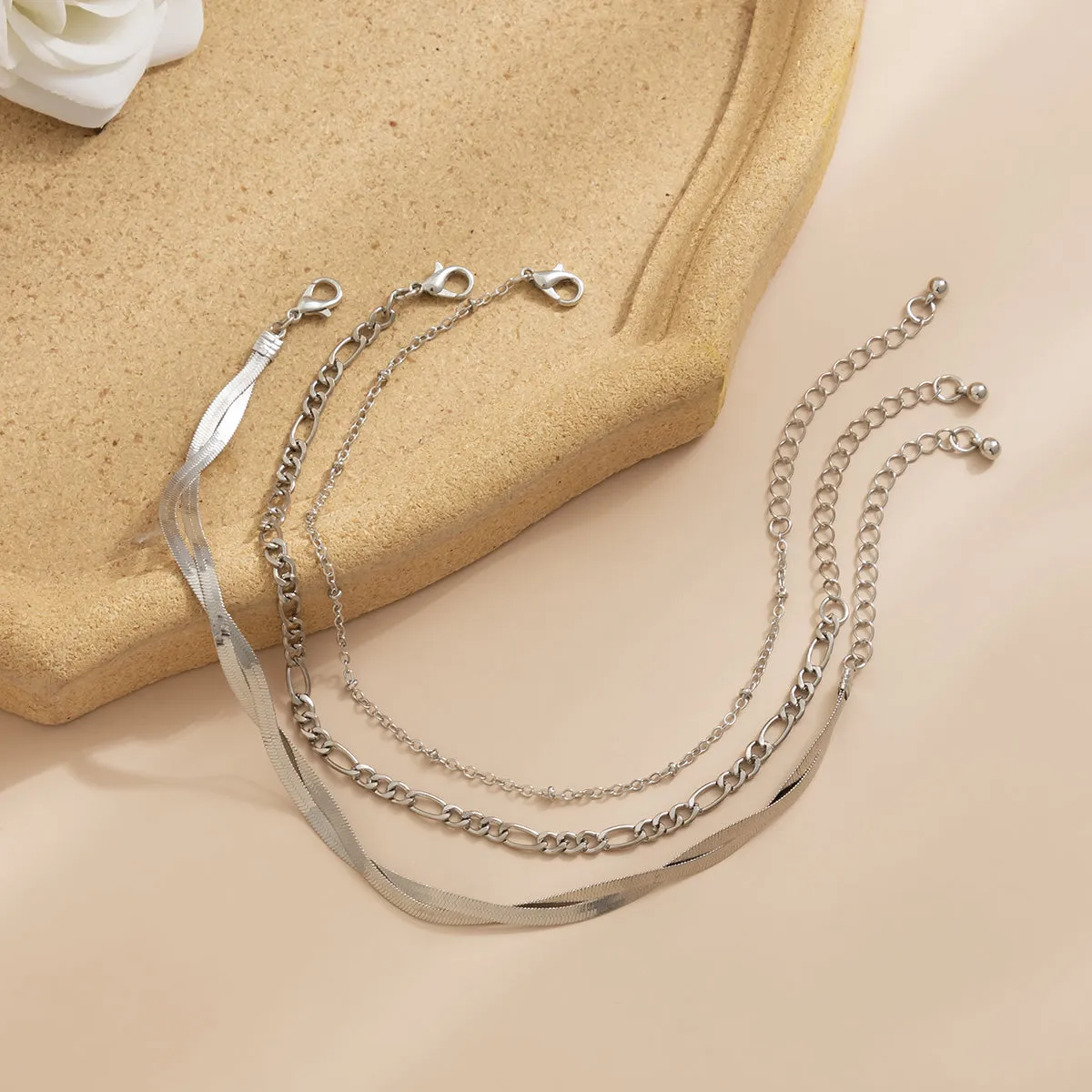 Silver-Plated Snake Chain Twist Anklet Set