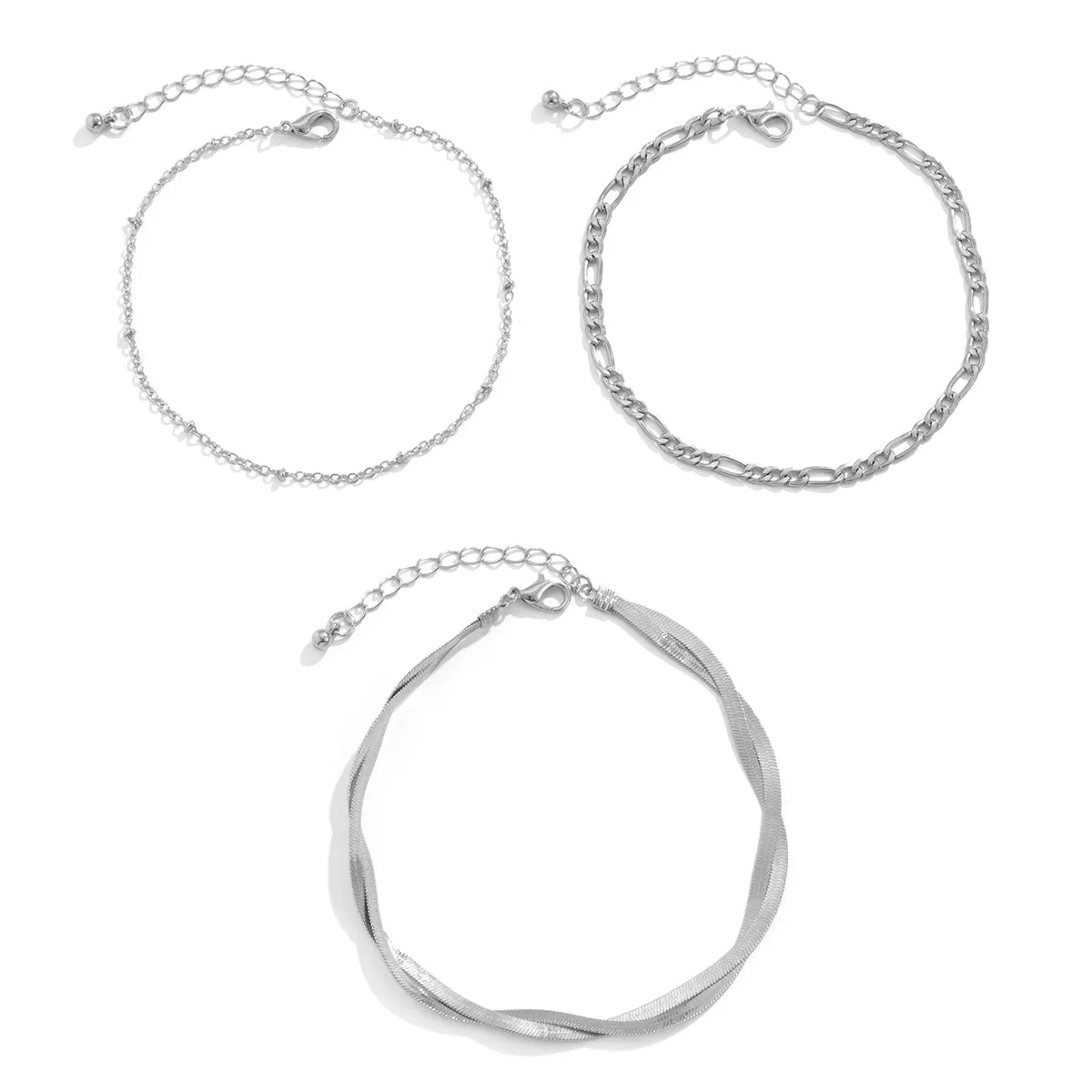 Silver-Plated Snake Chain Twist Anklet Set