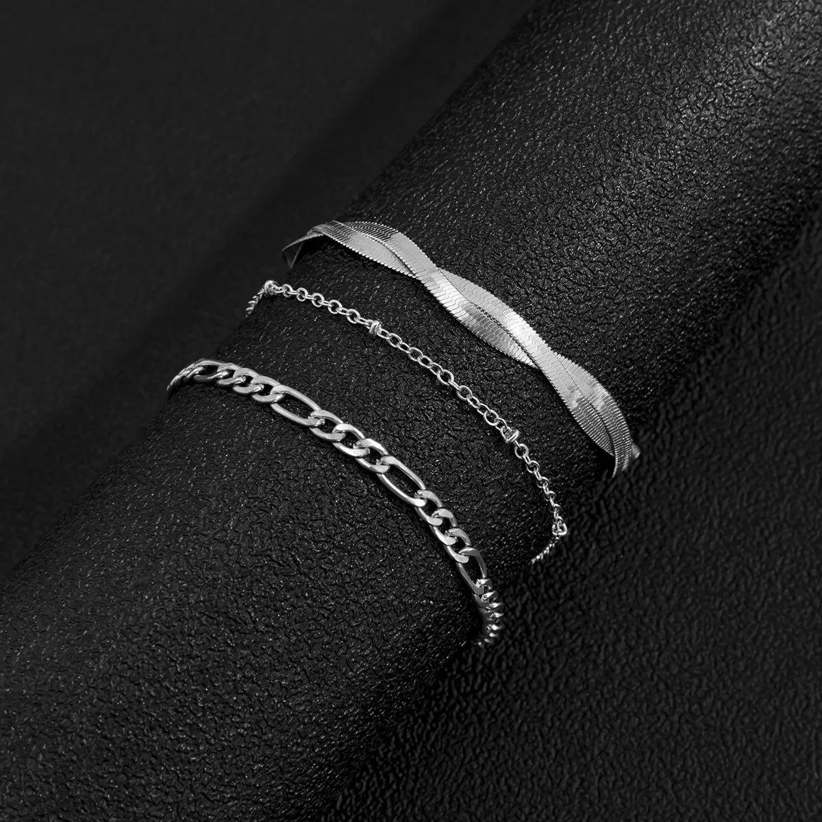 Silver-Plated Snake Chain Twist Anklet Set