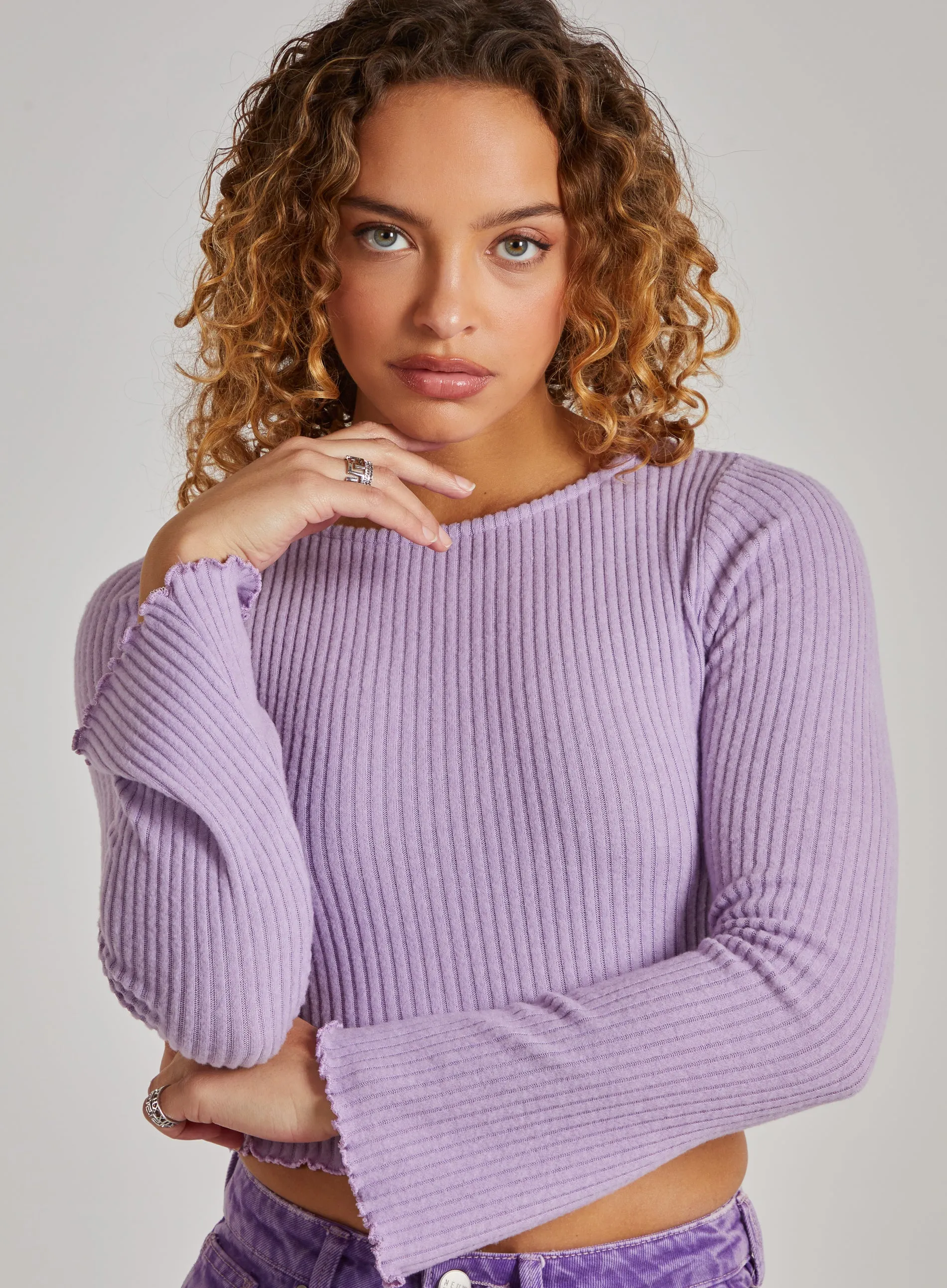 Soft Wide Brushed Ribbed Lettuce Hem Long Sleeve Top