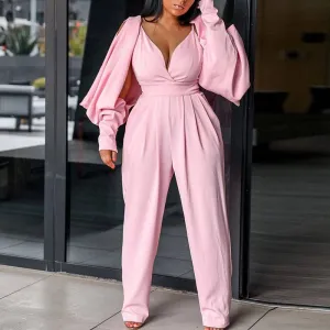Solid Deep V-Neck Long Sleeve Backless Jumpsuit