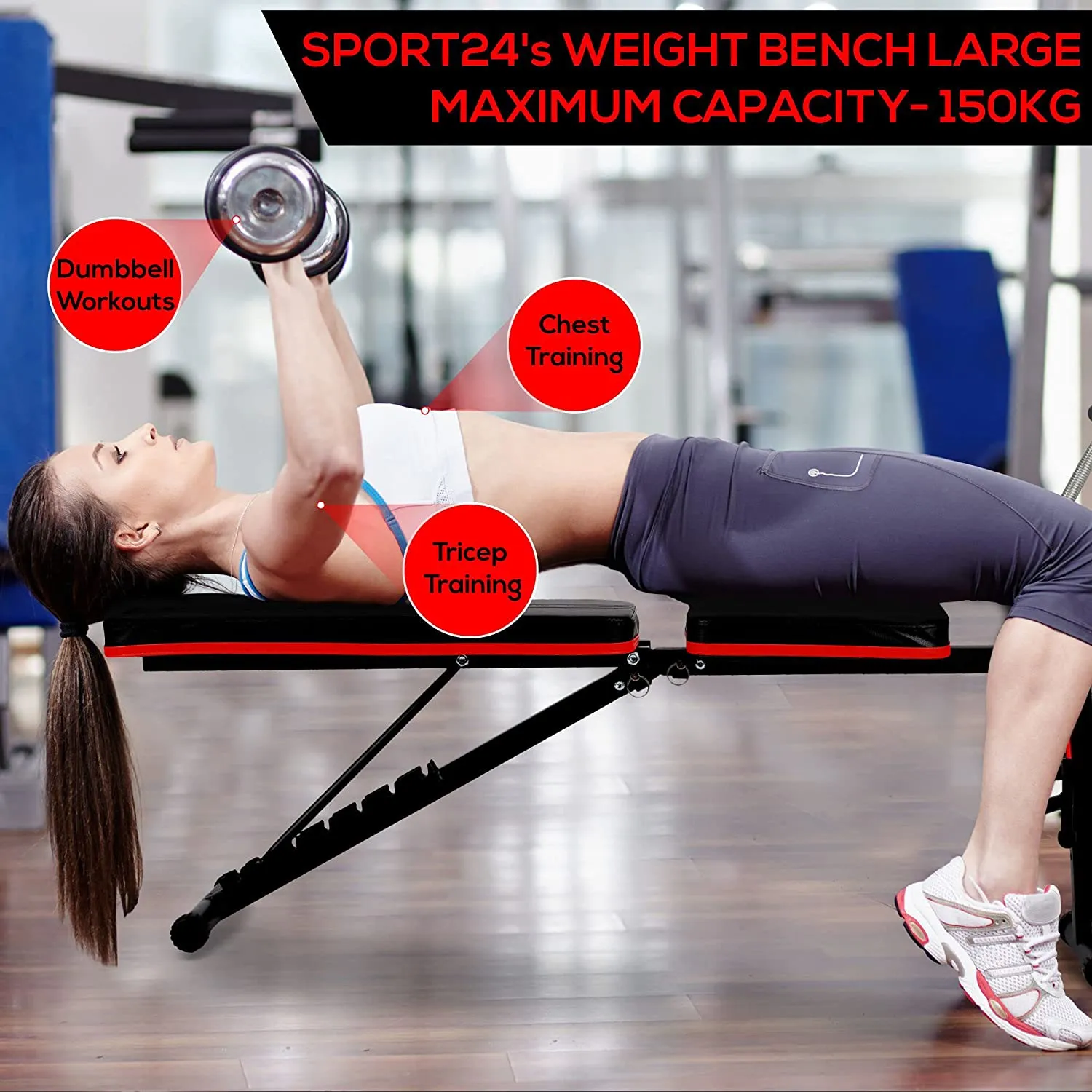 SPORT24 New And Improved 2023 Weight Bench Adjustable, Full Body Exercise Folding Fitness Workout Bench with 6 Positions, Exercise Bench for Weight Lifting & Sit Up Abdominal Supine Board Flat Home Gym
