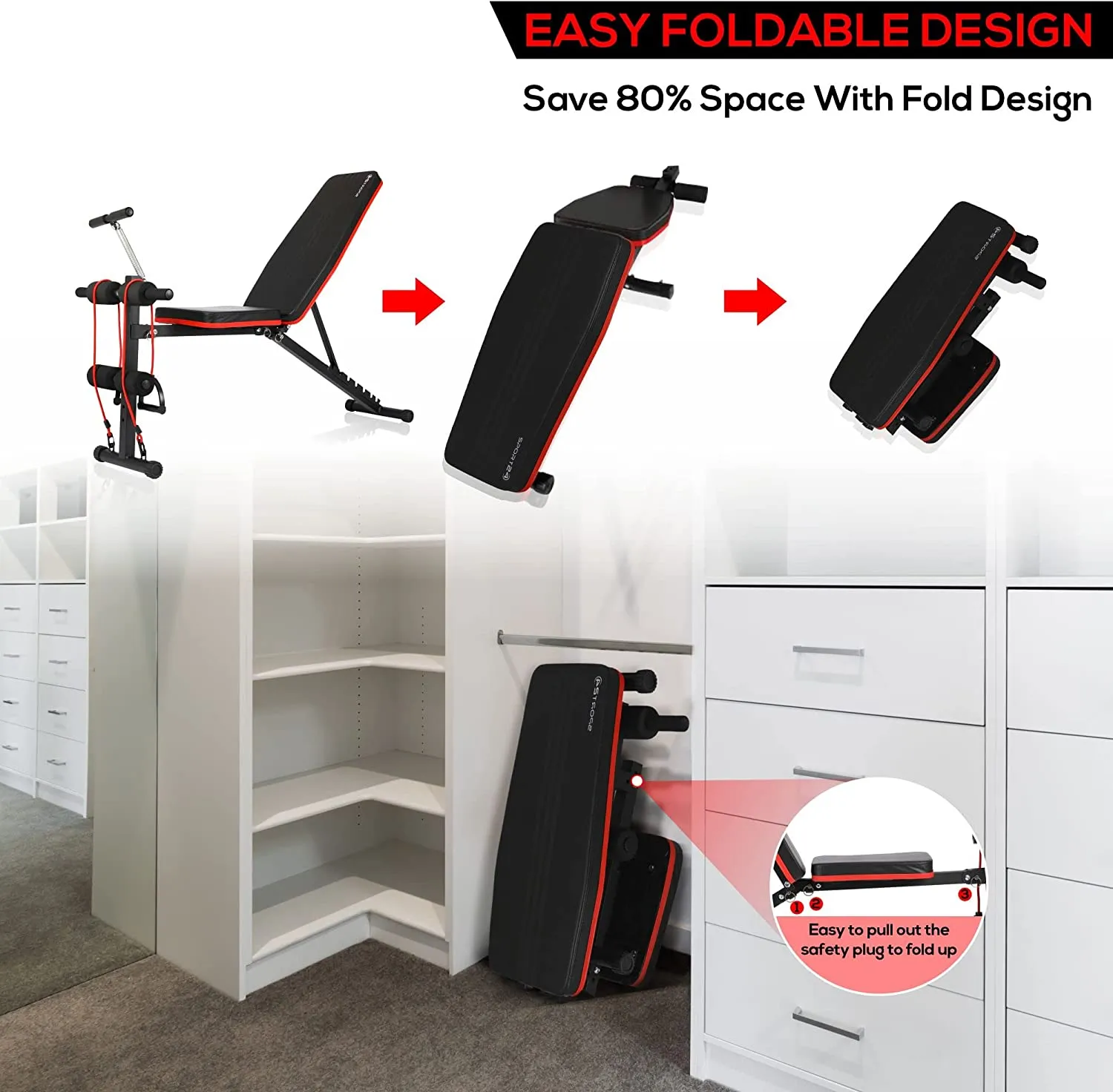 SPORT24 New And Improved 2023 Weight Bench Adjustable, Full Body Exercise Folding Fitness Workout Bench with 6 Positions, Exercise Bench for Weight Lifting & Sit Up Abdominal Supine Board Flat Home Gym