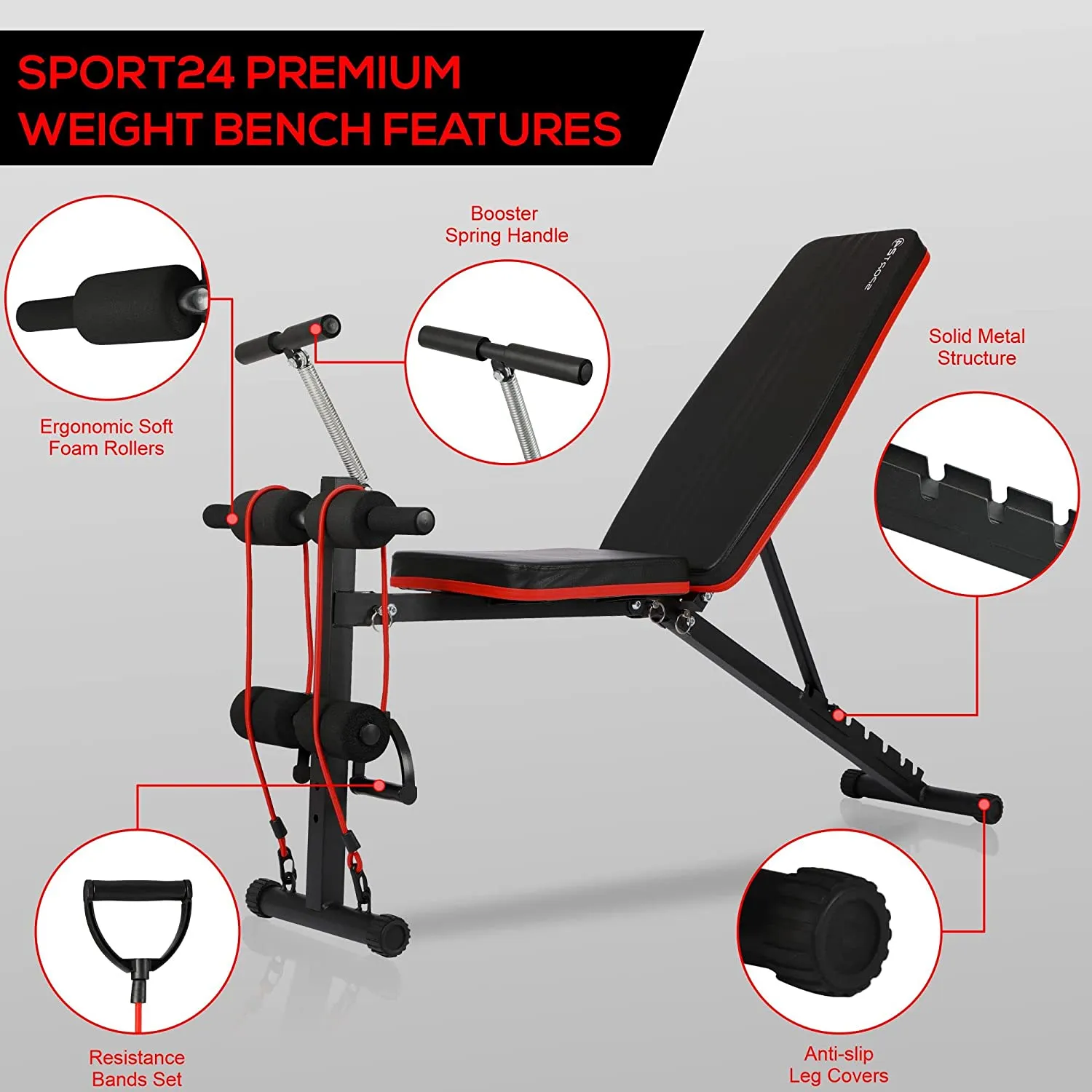 SPORT24 New And Improved 2023 Weight Bench Adjustable, Full Body Exercise Folding Fitness Workout Bench with 6 Positions, Exercise Bench for Weight Lifting & Sit Up Abdominal Supine Board Flat Home Gym